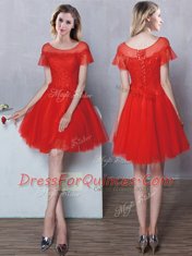 Attractive Red Lace Up Scoop Lace Court Dresses for Sweet 16 Tulle Short Sleeves