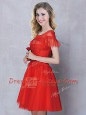 Attractive Red Lace Up Scoop Lace Court Dresses for Sweet 16 Tulle Short Sleeves