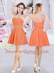 Glittering Orange A-line Chiffon Straps Sleeveless Lace and Ruching and Belt Mini Length Zipper Vestidos de Damas