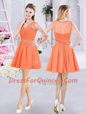 Glittering Orange A-line Chiffon Straps Sleeveless Lace and Ruching and Belt Mini Length Zipper Vestidos de Damas