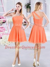 One Shoulder Orange Sleeveless Mini Length Ruching Zipper Quinceanera Dama Dress