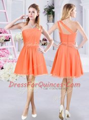 One Shoulder Orange Sleeveless Mini Length Ruching Zipper Quinceanera Dama Dress