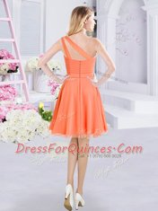 One Shoulder Orange Sleeveless Mini Length Ruching Zipper Quinceanera Dama Dress