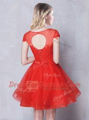 Red Scoop Lace Up Appliques and Belt Quinceanera Court Dresses Short Sleeves