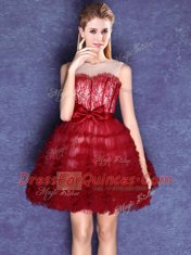 Scoop Wine Red Sleeveless Tulle Lace Up Damas Dress for Prom and Party and Wedding Party