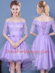 Off the Shoulder Lavender Half Sleeves High Low Lace and Bowknot and Belt Lace Up Quinceanera Dama Dress