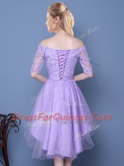 Off the Shoulder Lavender Half Sleeves High Low Lace and Bowknot and Belt Lace Up Quinceanera Dama Dress