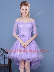 Off the Shoulder Lavender Half Sleeves High Low Lace and Bowknot and Belt Lace Up Quinceanera Dama Dress