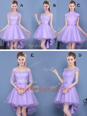 Off the Shoulder Lavender Half Sleeves High Low Lace and Bowknot and Belt Lace Up Quinceanera Dama Dress