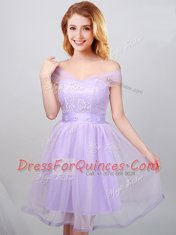 Off the Shoulder Lavender Short Sleeves Tulle Lace Up Vestidos de Damas for Prom and Party and Wedding Party