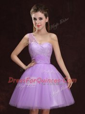 Cheap One Shoulder Lilac Sleeveless Tulle Lace Up Quinceanera Court Dresses for Prom and Party