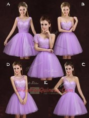 Cheap One Shoulder Lilac Sleeveless Tulle Lace Up Quinceanera Court Dresses for Prom and Party