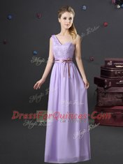 Sexy Lavender Chiffon Lace Up One Shoulder Sleeveless Floor Length Quinceanera Court of Honor Dress Lace and Appliques and Belt