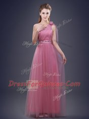 Simple One Shoulder Sleeveless Lace Up Floor Length Beading and Ruching and Hand Made Flower Dama Dress for Quinceanera