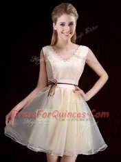 Champagne V-neck Lace Up Lace and Appliques and Belt Dama Dress for Quinceanera Sleeveless