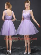 Most Popular Lavender Sleeveless Mini Length Lace and Appliques and Belt Lace Up Damas Dress