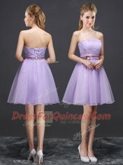 Most Popular Lavender Sleeveless Mini Length Lace and Appliques and Belt Lace Up Damas Dress