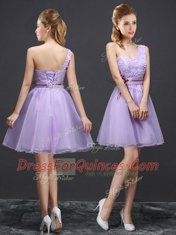 Most Popular Lavender Sleeveless Mini Length Lace and Appliques and Belt Lace Up Damas Dress