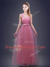 Pink Empire Straps Sleeveless Tulle Floor Length Lace Up Ruching and Bowknot Court Dresses for Sweet 16