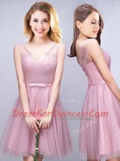 V-neck Sleeveless Vestidos de Damas Mini Length Ruching and Bowknot Pink Tulle