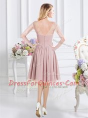 Pink Quinceanera Court of Honor Dress Prom and Party and Wedding Party and For with Lace and Ruching Scoop Half Sleeves Zipper