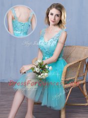 Most Popular Aqua Blue V-neck Lace Up Lace and Appliques and Bowknot Quinceanera Dama Dress Sleeveless