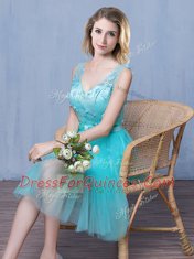 Most Popular Aqua Blue V-neck Lace Up Lace and Appliques and Bowknot Quinceanera Dama Dress Sleeveless