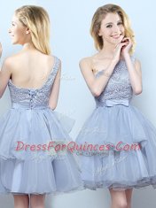 Grey One Shoulder Lace Up Lace and Ruffles and Belt Dama Dress for Quinceanera Sleeveless