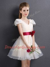 Mini Length Champagne Court Dresses for Sweet 16 V-neck Short Sleeves Lace Up