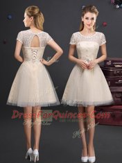 Customized Champagne Scoop Lace Up Lace and Appliques and Belt Vestidos de Damas Short Sleeves