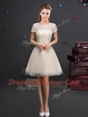 Customized Champagne Scoop Lace Up Lace and Appliques and Belt Vestidos de Damas Short Sleeves