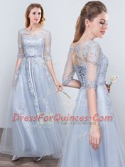 Exquisite Short Sleeves Grey Quinceanera Court of Honor Dress Prom and Party and Wedding Party and For with Appliques and Belt Scoop Half Sleeves Lace Up