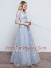 Exquisite Short Sleeves Grey Quinceanera Court of Honor Dress Prom and Party and Wedding Party and For with Appliques and Belt Scoop Half Sleeves Lace Up