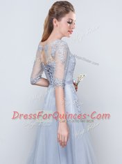 Exquisite Short Sleeves Grey Quinceanera Court of Honor Dress Prom and Party and Wedding Party and For with Appliques and Belt Scoop Half Sleeves Lace Up