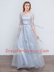 Exquisite Short Sleeves Grey Quinceanera Court of Honor Dress Prom and Party and Wedding Party and For with Appliques and Belt Scoop Half Sleeves Lace Up