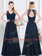 Sleeveless Floor Length Lace and Ruching Backless Quinceanera Court of Honor Dress with Navy Blue