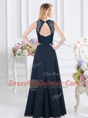 Sleeveless Floor Length Lace and Ruching Backless Quinceanera Court of Honor Dress with Navy Blue