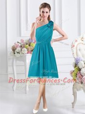 Admirable One Shoulder Knee Length Empire Sleeveless Teal Quinceanera Dama Dress Side Zipper