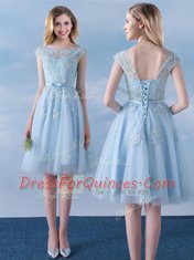 Nice Scoop Cap Sleeves Appliques and Belt Lace Up Dama Dress