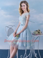 Nice Scoop Cap Sleeves Appliques and Belt Lace Up Dama Dress