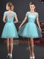 Mini Length Aqua Blue Quinceanera Court of Honor Dress Scoop Short Sleeves Lace Up