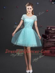 Mini Length Aqua Blue Quinceanera Court of Honor Dress Scoop Short Sleeves Lace Up