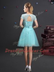 Mini Length Aqua Blue Quinceanera Court of Honor Dress Scoop Short Sleeves Lace Up