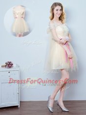 Inexpensive Champagne Tulle Lace Up Scoop Sleeveless Mini Length Court Dresses for Sweet 16 Lace and Appliques and Ruffles and Bowknot