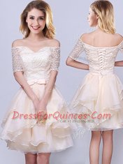 Organza Off The Shoulder Short Sleeves Lace Up Lace and Ruffles and Belt Damas Dress in Champagne