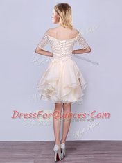 Organza Off The Shoulder Short Sleeves Lace Up Lace and Ruffles and Belt Damas Dress in Champagne