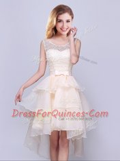Modern Champagne Scoop Neckline Lace and Ruffles Damas Dress Sleeveless Lace Up
