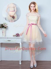 High End Scoop Champagne Short Sleeves Lace and Appliques and Ruffles and Bowknot Mini Length Vestidos de Damas