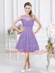 Scoop Sleeveless Dama Dress for Quinceanera Knee Length Ruching Lavender Chiffon
