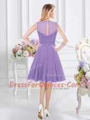 Scoop Sleeveless Dama Dress for Quinceanera Knee Length Ruching Lavender Chiffon